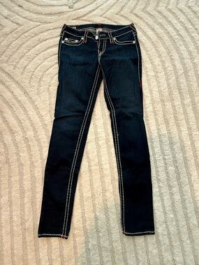 True Religion Dark Indigo Skinny Jeans with White Contrast Stitching